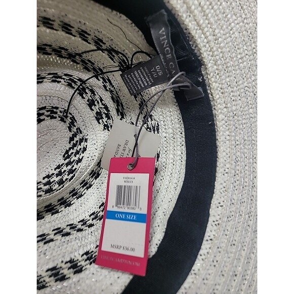 Vince Camuto Black And White Stripes Straw Fadora Hat Nwt - Picture 7 of 7